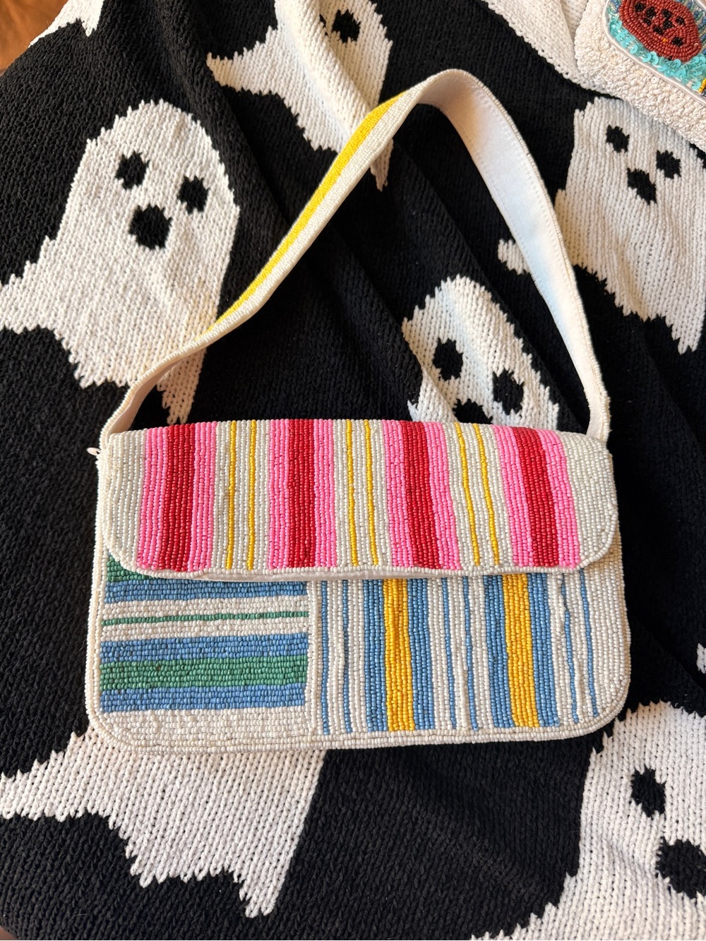 Handcrafted Multicolor Beaded Shoulder Bag - Pink & Blue Stripe